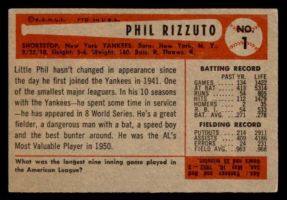 1954 Bowman Baseball #001 Phil Rizzuto Yankees VG 541147