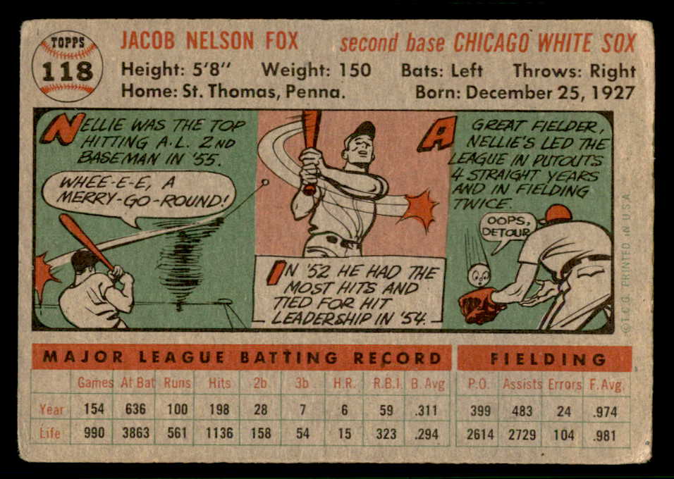 1956 Topps Baseball #118 Nellie Fox White Sox VG Gray 541193