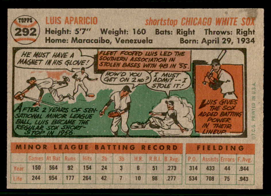1956 Topps Baseball #292 Luis Aparicio White Sox EX-MT 541195