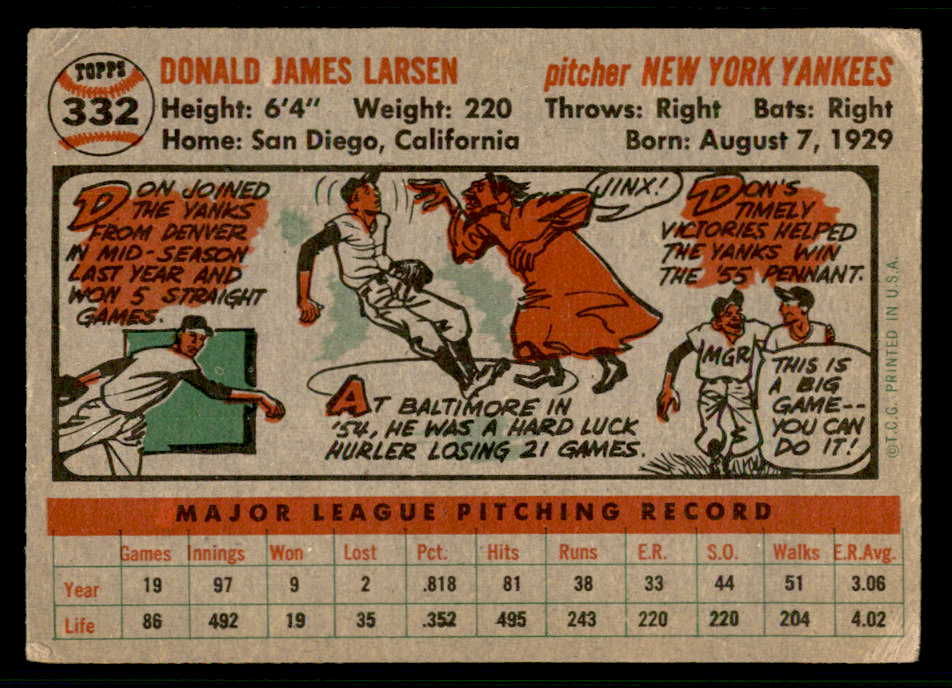 1956 Topps Baseball #332 Don Larsen Yankees VG 541198