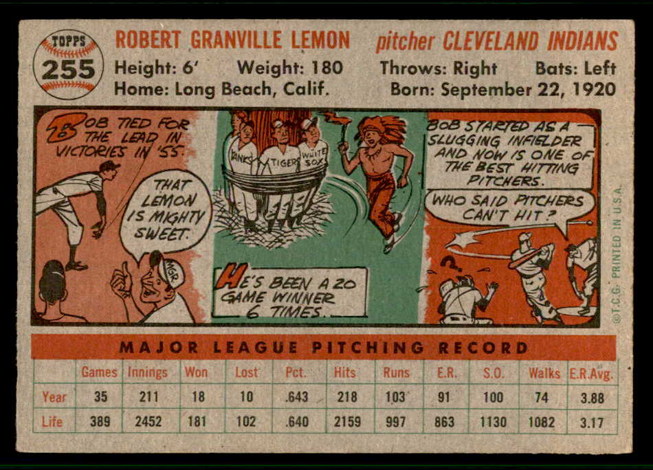1956 Topps Baseball #255 Bob Lemon Indians EX-MT 541203