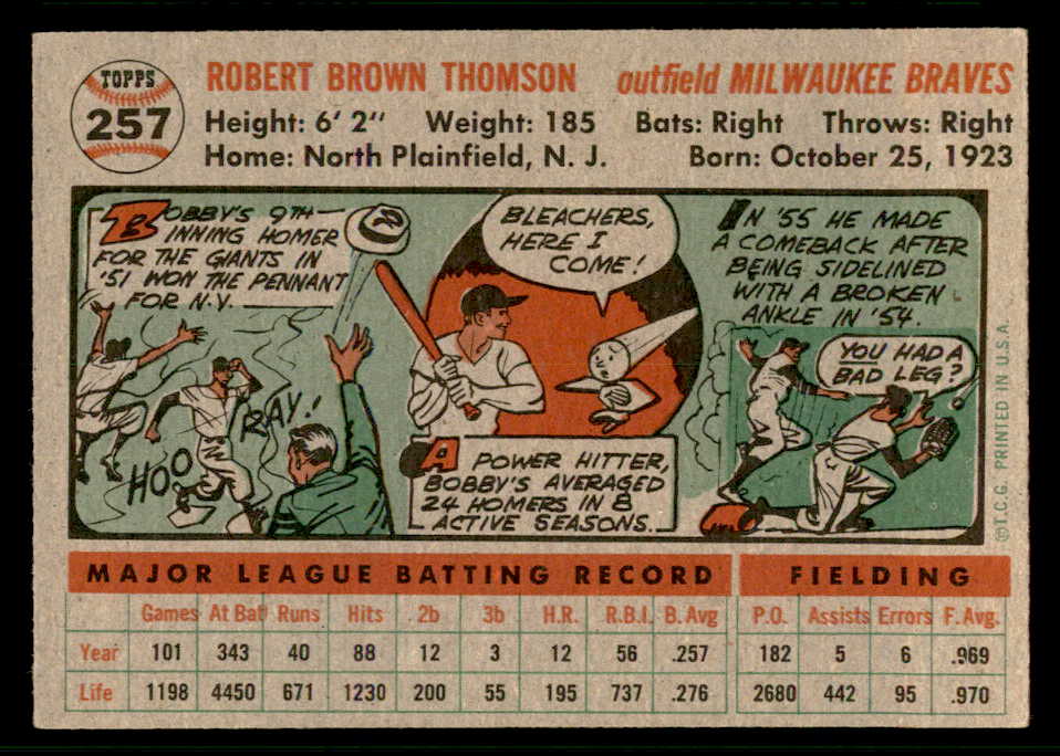 1956 Topps Baseball #257 Bobby Thomson Braves EX-MT 541208