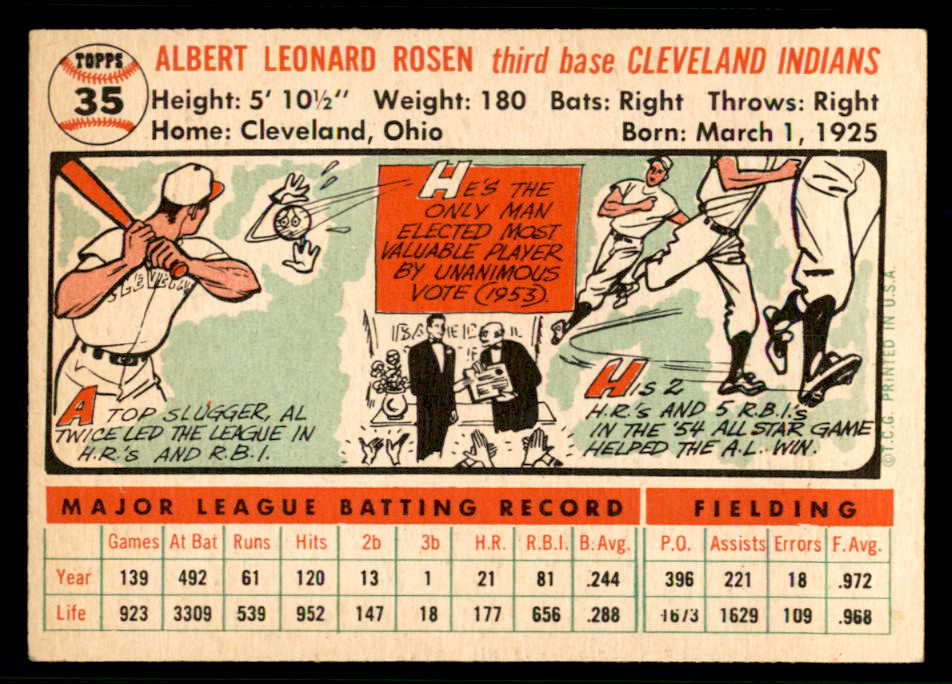 1956 Topps Baseball #035 Al Rosen Indians EX-MT White 541209