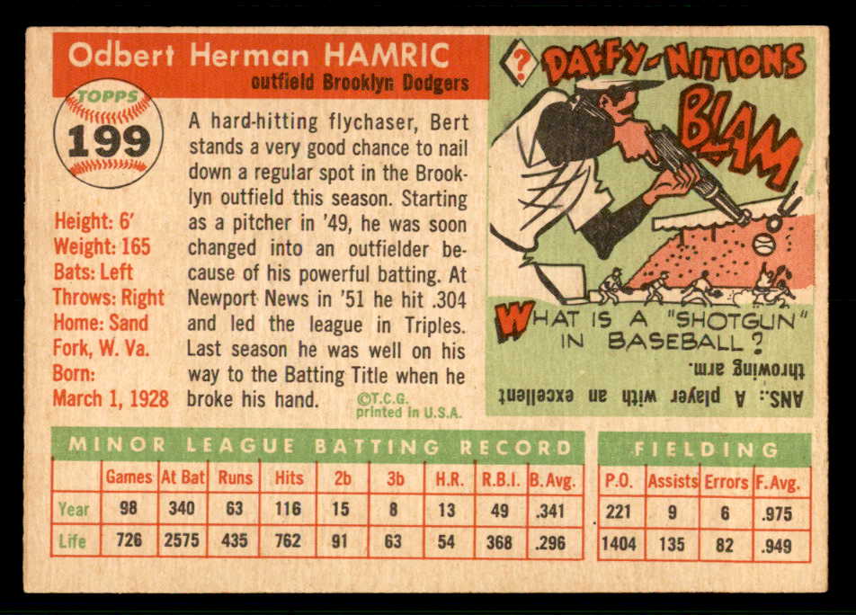 1955 Topps Baseball #199 Bert Hamric Dodgers EX-MT 541225
