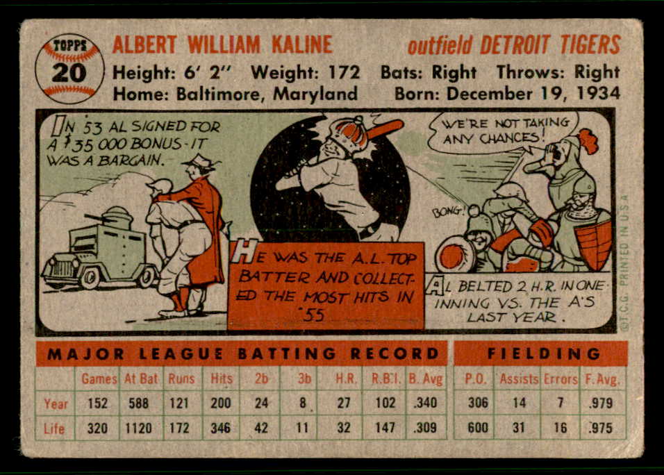 1956 Topps Baseball #020 Al Kaline Tigers VG Gray 541234