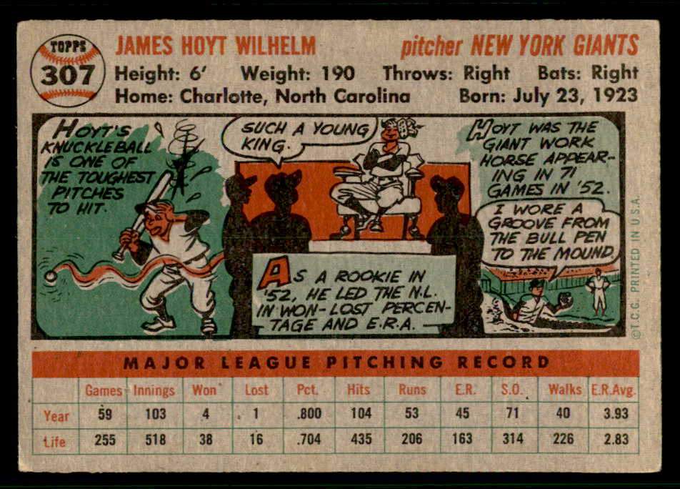 1956 Topps Baseball #307 Hoyt Wilhelm Giants EX 541251