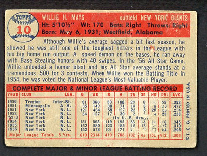 1957 Topps Baseball #010 Willie Mays Giants VG 541275