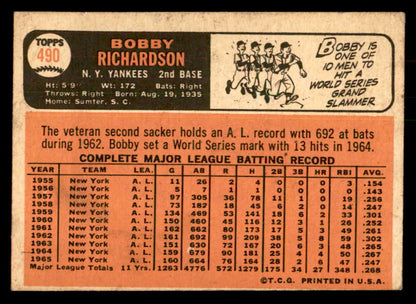1966 Topps Baseball #490 Bobby Richardson Yankees VG-EX 541321