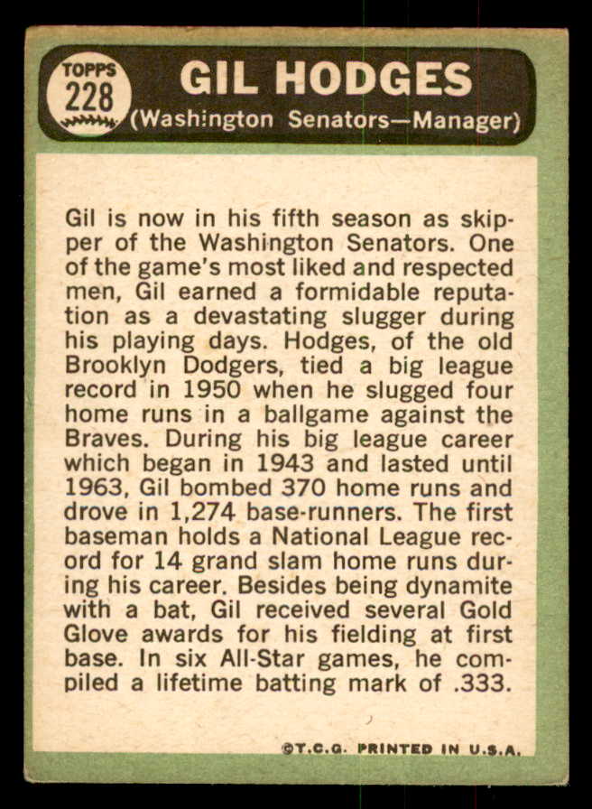 1967 Topps Baseball #228 Gil Hodges Senators VG 541332