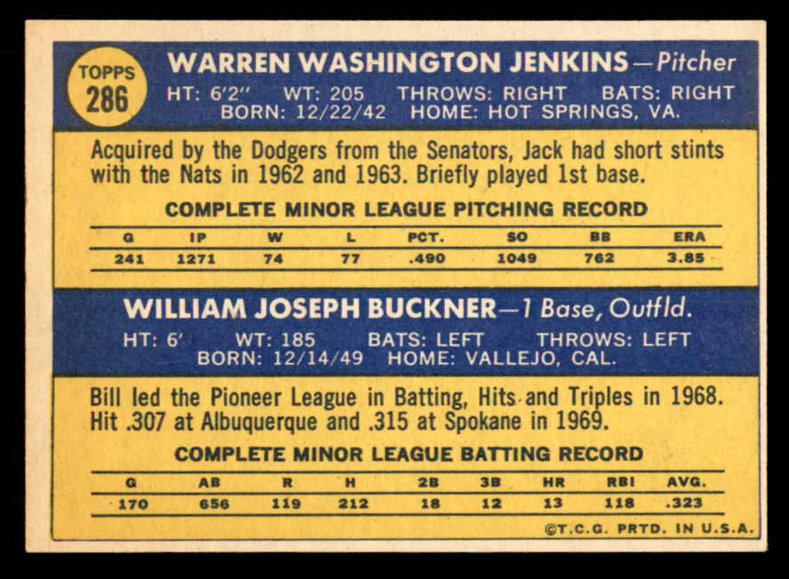 1970 Topps Baseball #286 Bill Buckner Dodgers NR-MT 541405