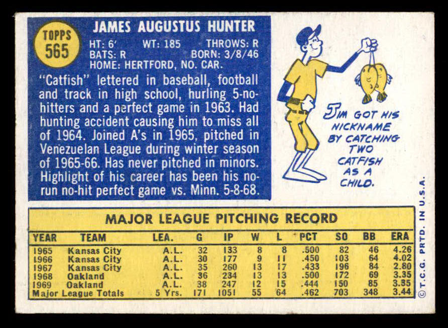 1970 Topps Baseball #565 Catfish Hunter A's EX 541456