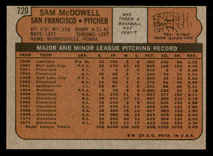 1972 Topps Baseball #720 Sam McDowell Giants EX-MT 541482