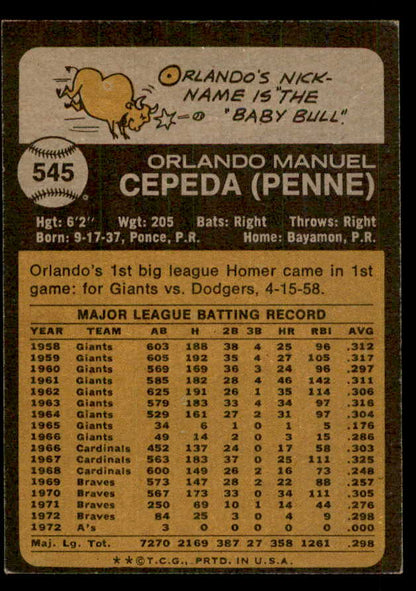 1973 Topps Baseball #545 Orlando Cepeda A's EX-MT 541536
