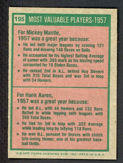 1975 Topps Baseball #195 Mickey Mantle Hank Aaron EX-MT 541579