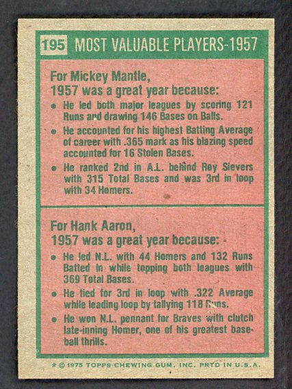 1975 Topps Baseball #195 Mickey Mantle Hank Aaron EX-MT 541580