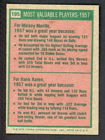 1975 Topps Baseball #195 Mickey Mantle Hank Aaron NR-MT 541590