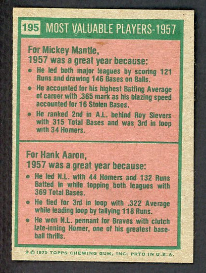 1975 Topps Baseball #195 Mickey Mantle Hank Aaron NR-MT 541590