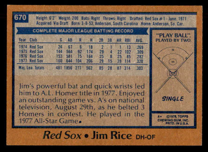 1978 Topps Baseball #670 Jim Rice Red Sox NR-MT 541611