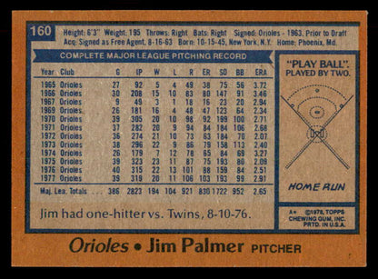 1978 Topps Baseball #160 Jim Palmer Orioles EX-MT 541624
