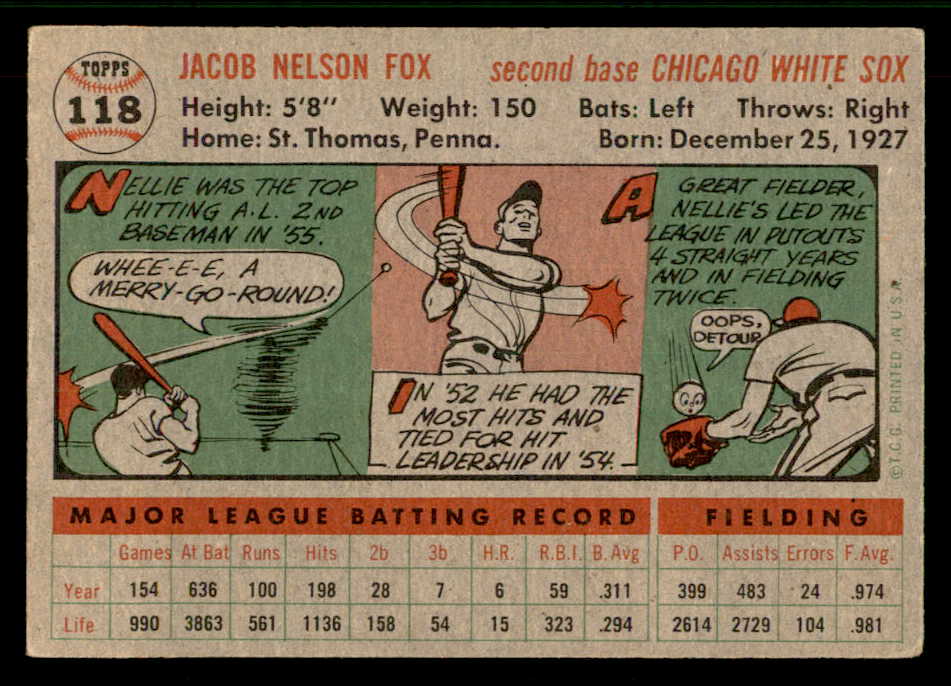 1956 Topps Baseball #118 Nellie Fox White Sox EX Gray 541647