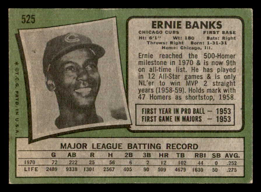 1971 Topps Baseball #525 Ernie Banks Cubs EX 541649