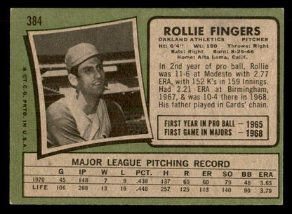 1971 Topps Baseball #384 Rollie Fingers A's EX 541654