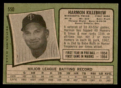 1971 Topps Baseball #550 Harmon Killebrew Twins EX 541675