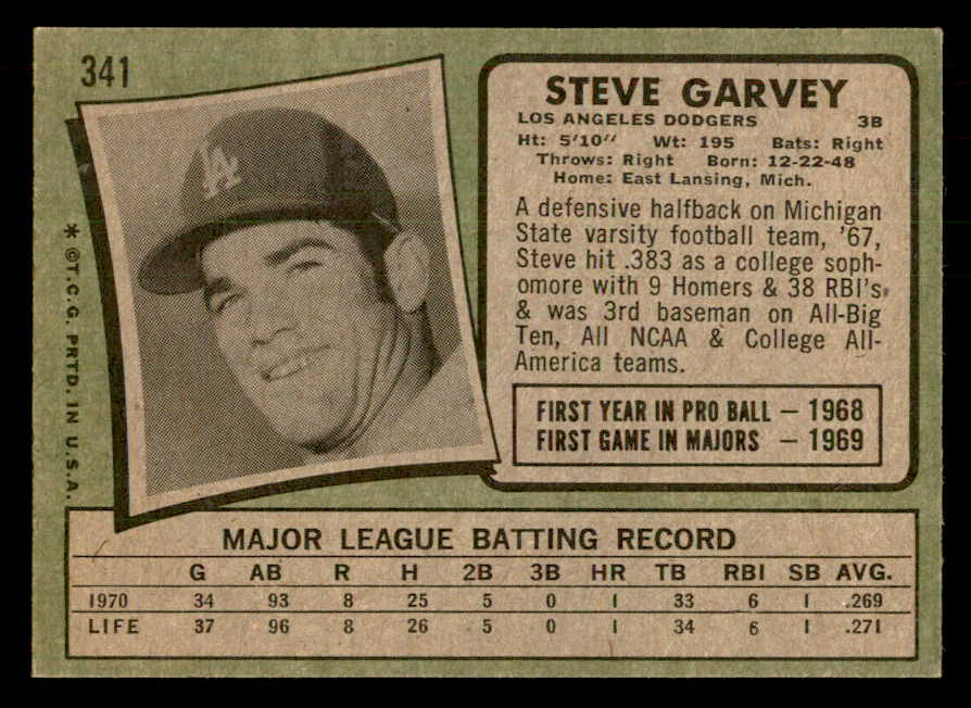 1971 Topps Baseball #341 Steve Garvey Dodgers EX+/EX-MT 541680