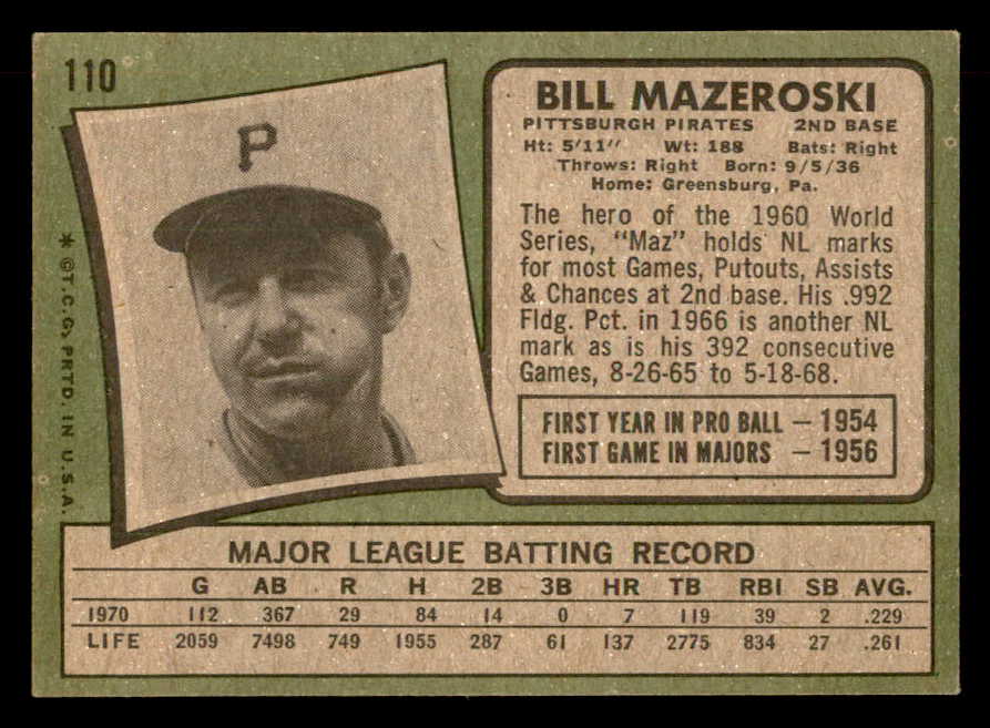 1971 Topps Baseball #110 Bill Mazeroski Pirates VG-EX 541693