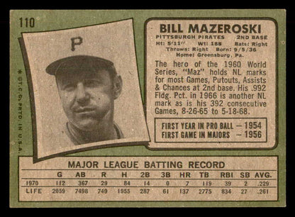 1971 Topps Baseball #110 Bill Mazeroski Pirates VG-EX 541693