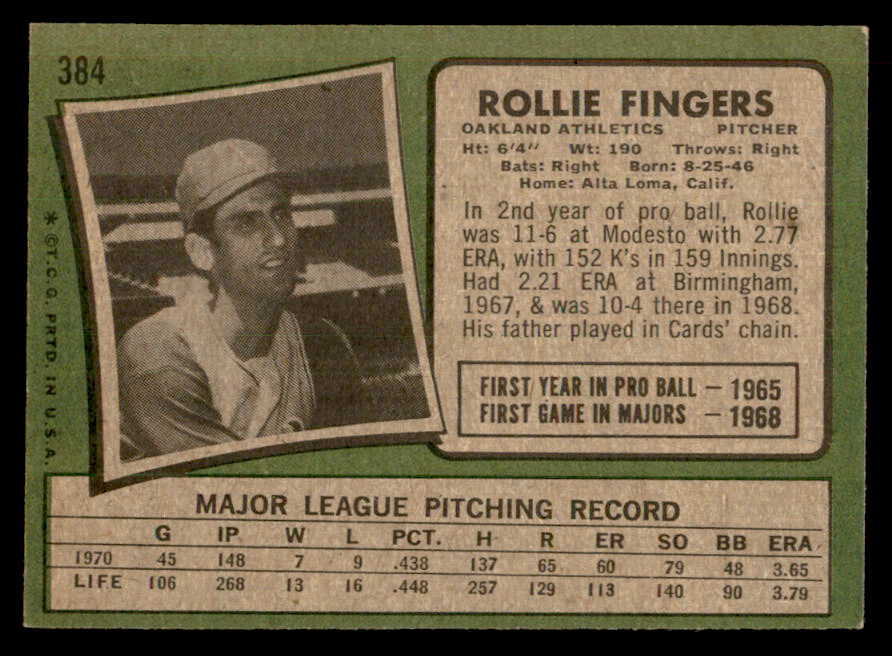 1971 Topps Baseball #384 Rollie Fingers A's EX 541694