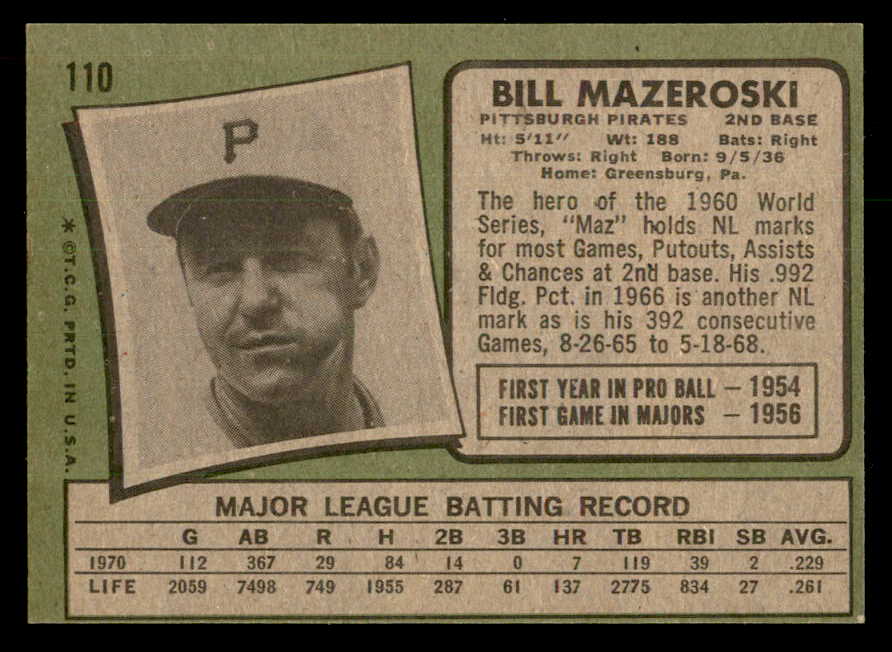 1971 Topps Baseball #110 Bill Mazeroski Pirates EX-MT 541708
