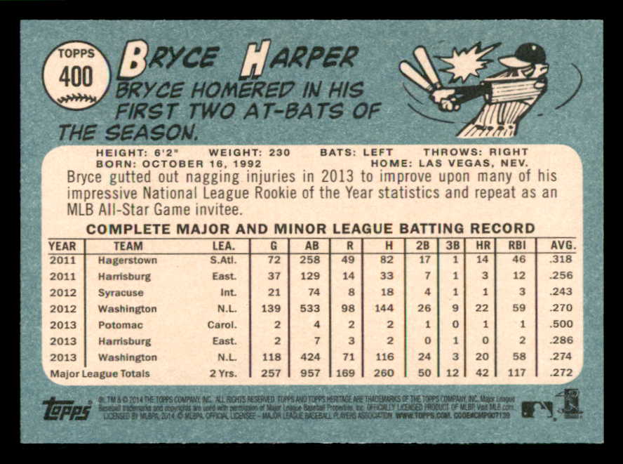2014 Topps Baseball Heritage #400 Bryce Harper Nationals EX-MT Red 541740
