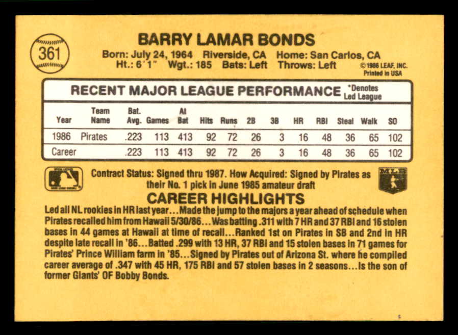 1987 Donruss #361 Barry Bonds Pirates NR-MT 541772