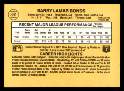 1987 Donruss #361 Barry Bonds Pirates NR-MT 541772