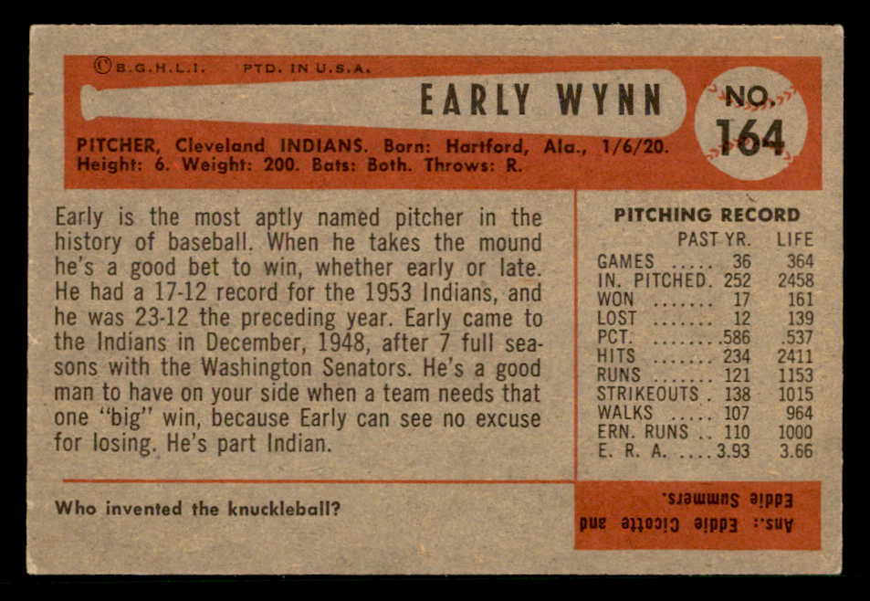1954 Bowman Baseball #164 Early Wynn Indians EX+/EX-MT 541790