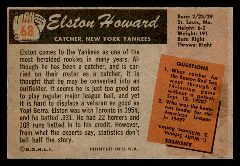 1955 Bowman Baseball #068 Elston Howard Yankees EX+/EX-MT 541791