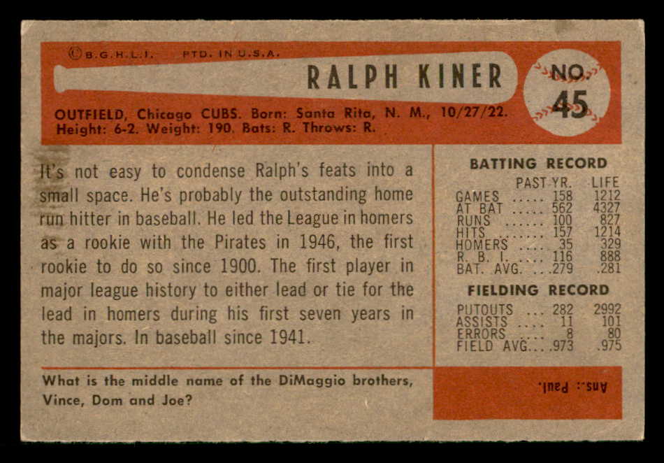 1954 Bowman Baseball #045 Ralph Kiner Cubs EX-MT 541792