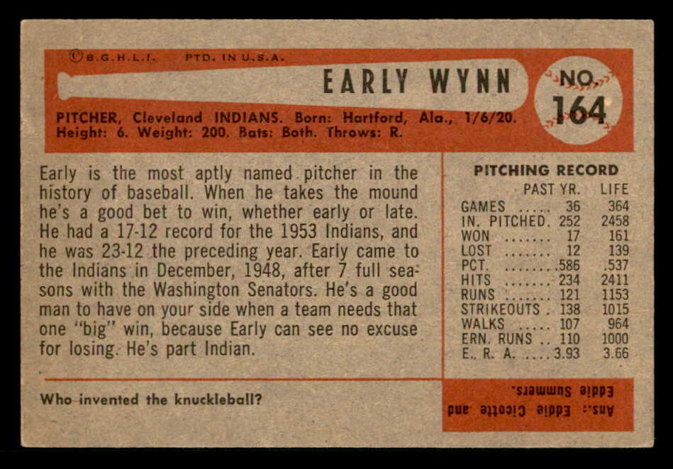 1954 Bowman Baseball #164 Early Wynn Indians EX 541793