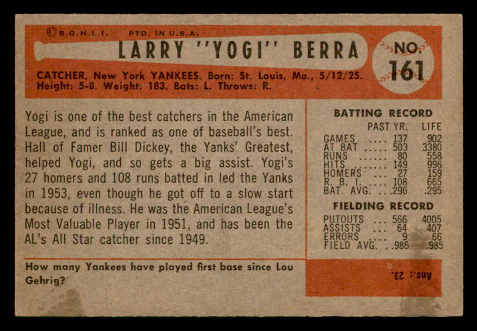 1954 Bowman Baseball #161 Yogi Berra Yankees EX+/EX-MT 541801