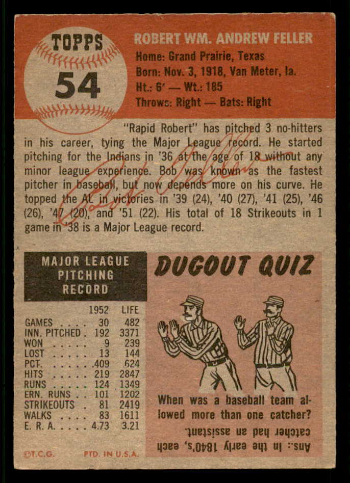 1953 Topps Baseball #054 Bob Feller Indians VG-EX 541804