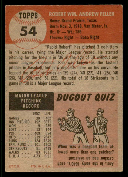 1953 Topps Baseball #054 Bob Feller Indians VG-EX 541804
