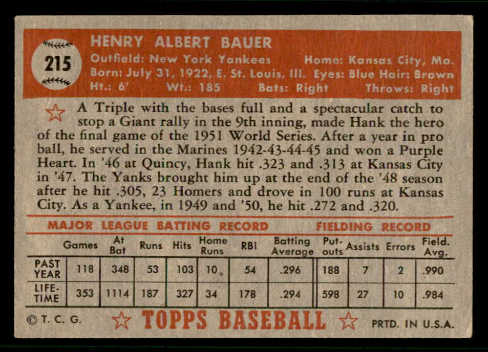 1952 Topps Baseball #215 Hank Bauer Yankees VG-EX 541805