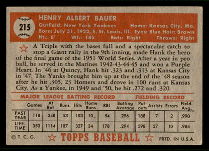 1952 Topps Baseball #215 Hank Bauer Yankees VG-EX 541805