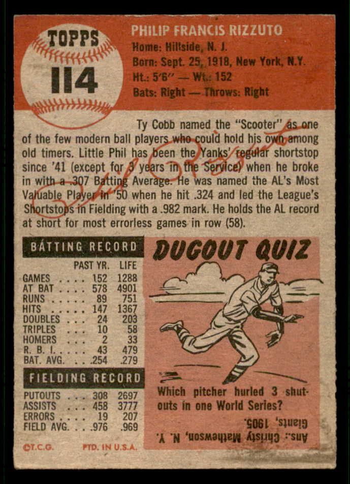 1953 Topps Baseball #114 Phil Rizzuto Yankees VG-EX 541810
