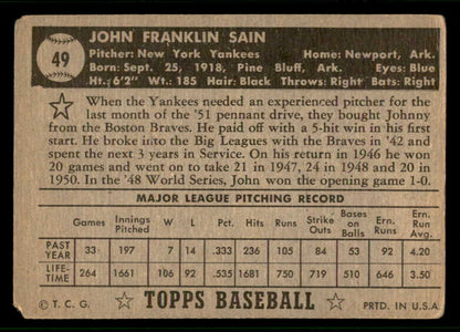 1952 Topps Baseball #049 Johnny Sain Yankees Good Black 541820