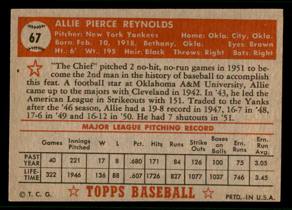 1952 Topps Baseball #067 Allie Reynolds Yankees EX-MT Red 541828