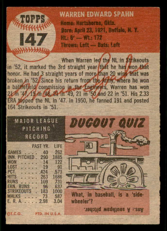 1953 Topps Baseball #147 Warren Spahn Braves VG-EX 541839
