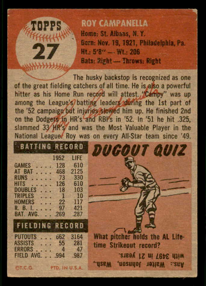 1953 Topps Baseball #027 Roy Campanella Dodgers VG-EX 541843