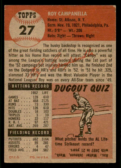 1953 Topps Baseball #027 Roy Campanella Dodgers VG-EX 541843